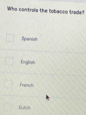 Who controls the tobacco trade?
Spanish
English
French
Dutch