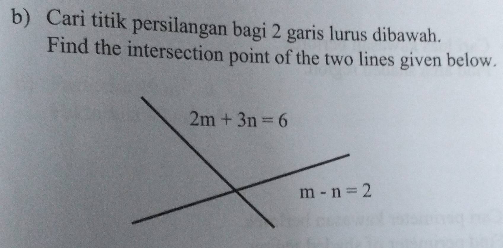 Cari titik persilangan bagi 2 garis lurus dibawah.
Find the intersection point of the two lines given below.