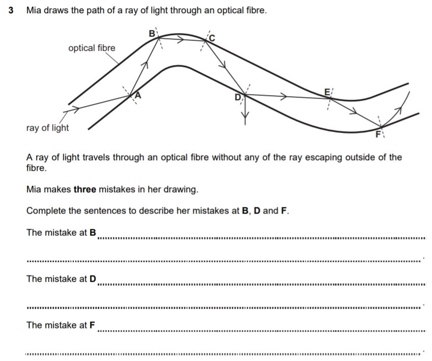 Mia draws the path of a ray of light through an optical fibre.
A ray of light travels through an optical fibre without any of the ray escaping outside of the
fibre.
Mia makes three mistakes in her drawing.
Complete the sentences to describe her mistakes at B, D and F.
The mistake at B_
_
The mistake at D
_
_
The mistake at F
_
_