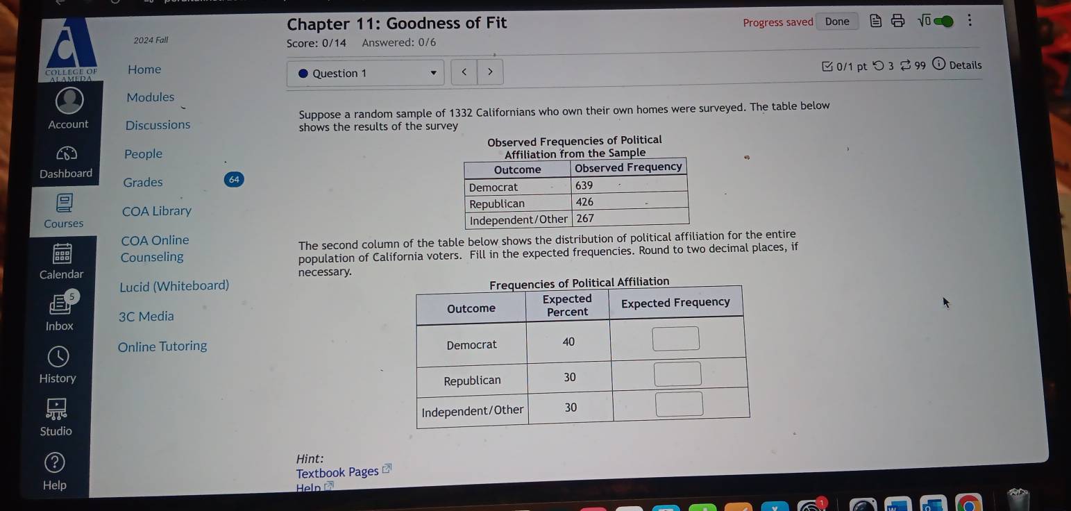 Chapter 11: Goodness of Fit Progress saved Done sqrt(0) 
C 2024 Fall 
Score: 0/14 Answered: 0/6 
OLLEGE OF Home Question 1 < > 0/1 pt つ 3 2 99 Details 
Modules 
Suppose a random sample of 1332 Californians who own their own homes were surveyed. The table below 
Account Discussions shows the results of the survey 
People Observed Frequencies of Political 
Dashboard Grades 
COA Library 
Courses 
COA Online 
The second column of the table below shows the distribution of political affiliation for the entire 
Counseling population of California voters. Fill in the expected frequencies. Round to two decimal places, if 
Calendar necessary. 
Lucid (Whiteboard) 
Inbox 3C Media 
Online Tutoring 
History 
Studio 
Hint: 
Textbook Pages 
Help Heln