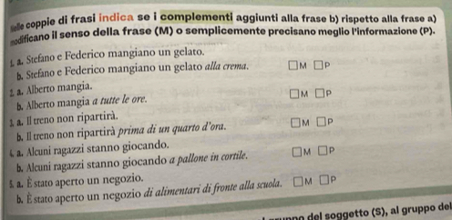 coppie di frasi indica se i complementi aggiunti alla frase b) rispetto alla frase a?
rodificano il senso della frase (M) o semplicemente precisano meglio l'informazione (P).
1 . Stefano e Federico mangiano un gelato.
b. Stefano e Federico mangiano un gelato alla crema. M □ 
a. Alberto mangia.
. Alberto mangia a tutte le ore.
M □ F 
1a. Il treno non ripartirà.
b, llteno non ripartirà prima di un quarto d'ora. M □ 
a. Alcuni ragazzi stanno giocando.
b. Alcuni ragazzi stanno giocando a pallone in cortile. M □ p
£ a. È stato aperto un negozio.
b. È stato aperto un negozio di alimentari di fronte alla scuola. M □ P
o etto (S), al gruppo del