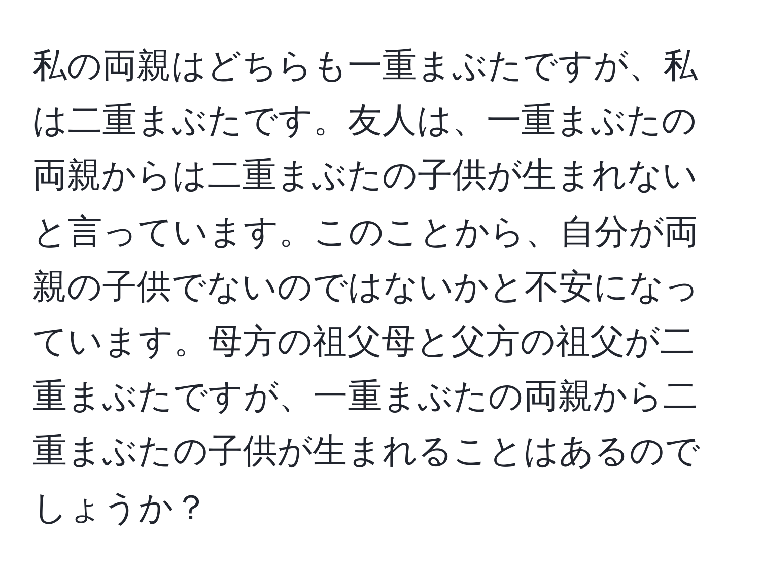 私の両親はどちらも一重まぶたですが、私は二重まぶたです。友人は、一重まぶたの両親からは二重まぶたの子供が生まれないと言っています。このことから、自分が両親の子供でないのではないかと不安になっています。母方の祖父母と父方の祖父が二重まぶたですが、一重まぶたの両親から二重まぶたの子供が生まれることはあるのでしょうか？