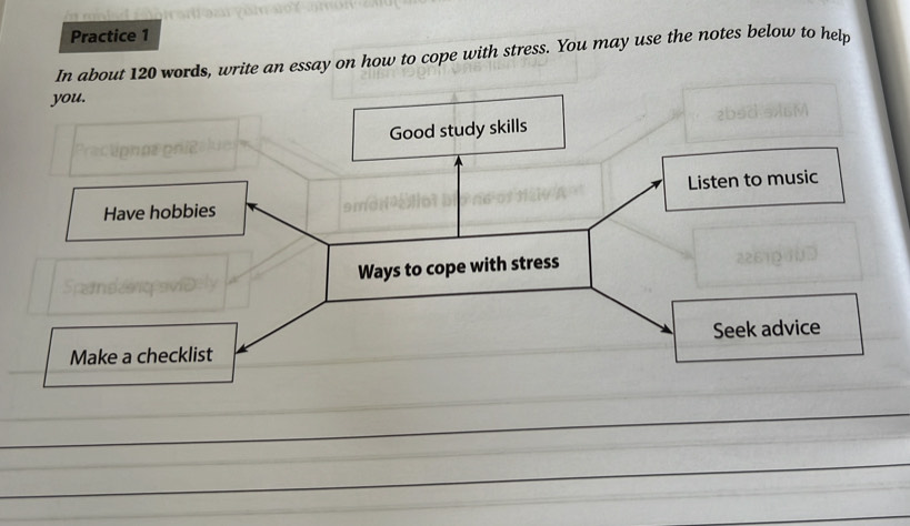 Practice 1 
about 120 words, write an essay on how to cope with stress. You may use the notes below to help