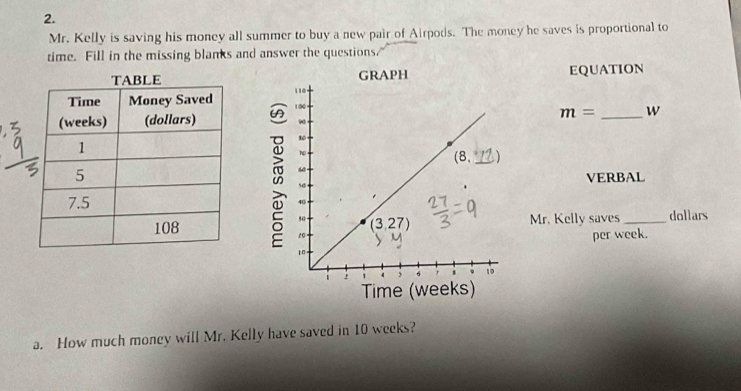 Mr. Kelly is saving his money all summer to buy a new pair of Airpods. The money he saves is proportional to
time. Fill in the missing blanks and answer the questions.
EQUATION

m= _W
VERBAL
Mr. Kelly saves _dollars
per week.
a. How much money will Mr. Kelly have saved in 10 weeks?