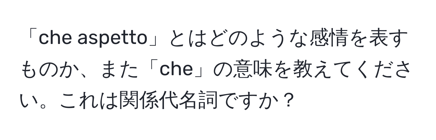 「che aspetto」とはどのような感情を表すものか、また「che」の意味を教えてください。これは関係代名詞ですか？