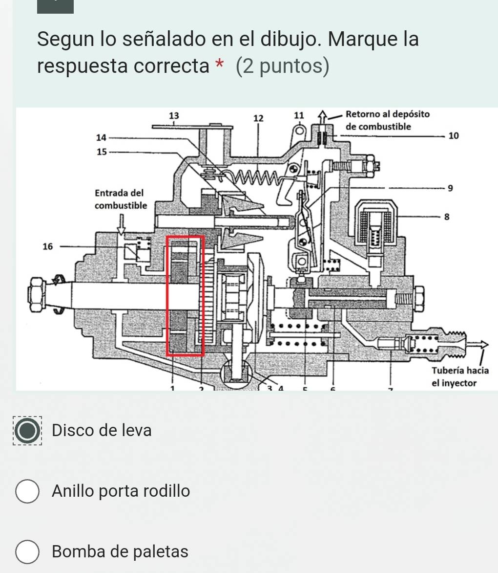 Segun lo señalado en el dibujo. Marque la
respuesta correcta * (2 puntos)
ia
Disco de leva
Anillo porta rodillo
Bomba de paletas