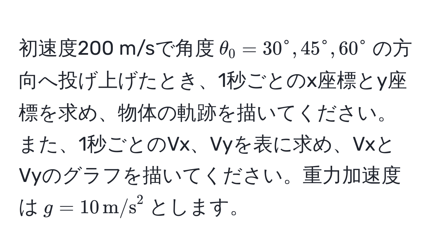 初速度200 m/sで角度$θ_0=30^(circ, 45°, 60°$の方向へ投げ上げたとき、1秒ごとのx座標とy座標を求め、物体の軌跡を描いてください。また、1秒ごとのVx、Vyを表に求め、VxとVyのグラフを描いてください。重力加速度は$g=10 , m/s)^2$とします。