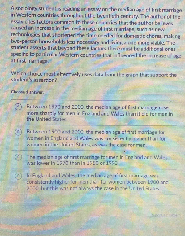 A sociology student is reading an essay on the median age of first marriage
in Western countries throughout the twentieth century. The author of the
essay cites factors common to these countries that the author believes
caused an increase in the median age of first marriage, such as new
technologies that shortened the time needed for domestic chores, making
two-person households less necessary and living alone more viable. The
student asserts that beyond these factors there must be additional ones
specific to particular Western countries that influenced the increase of age
at first marriage.
Which choice most effectively uses data from the graph that support the
student's assertion?
Choose 1 answer:
A Between 1970 and 2000, the median age of first marriage rose
more sharply for men in England and Wales than it did for men in
the United States.
A Between 1900 and 2000, the median age of first marriage for
women in England and Wales was consistently higher than for
women in the United States, as was the case for men.
The median age of first marriage for men in England and Wales
was lower in 1970 than in 1950 or 1990.
In England and Wales, the median age of first marriage was
consistently higher for men than for women between 1900 and
2000, but this was not always the case in the United States.
Report a problem