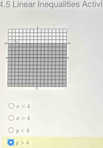 4.5 Linear Inequalities Activi
x<4</tex>
x>4
y<4</tex>. y>4