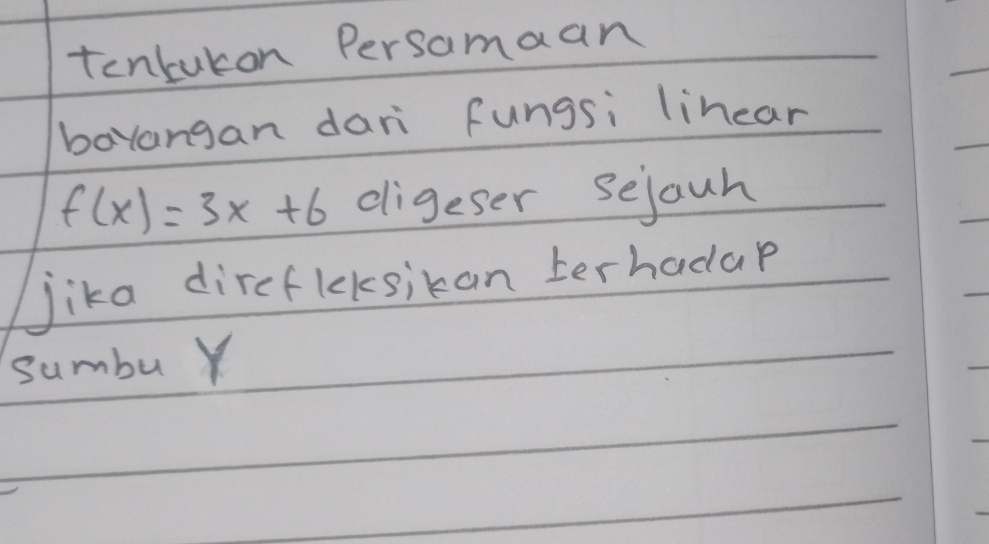 tenkukon Persamaan 
barangan dari fungsi linear
f(x)=3x+6 digeser sejauh 
Jika direflksikan terhadap 
sumbu Y