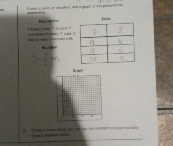 es 1. Create a table, an equation, and a graph of this proportional 
relationship. 
DescriptionTable 
A bakery uses 7 scoops of 
chocolate for every 2 cups of 
milk to make chocolate milk. 
Equation 
2. Circle or show where you can see the constant of proportionality 
in each representation