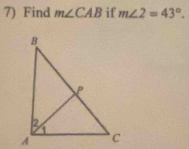 Find m∠ CAB if m∠ 2=43°.