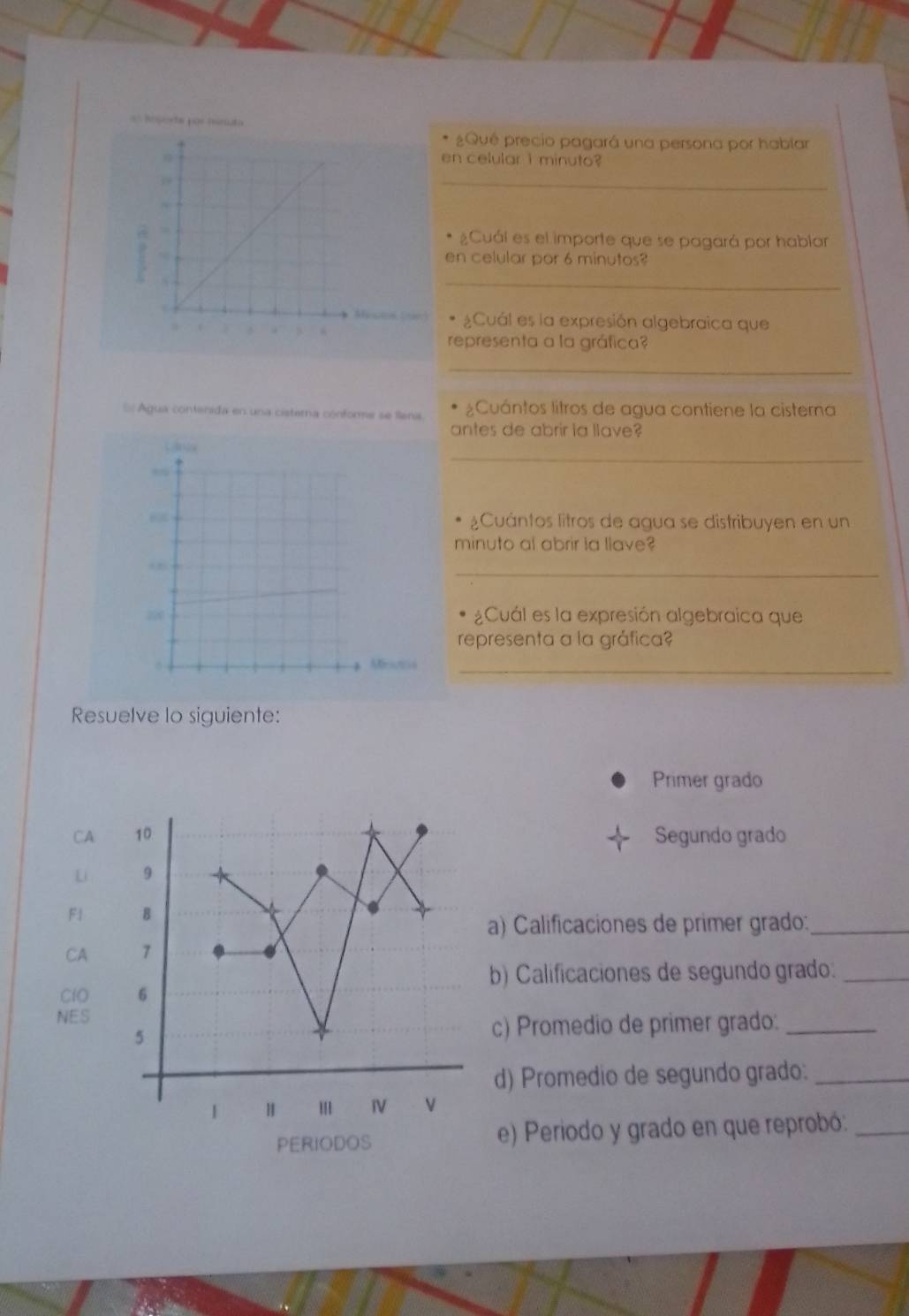 = Eeporta por Inuta 
¿Qué precio pagará una persona por hablar 
en celular i minuto? 
_ 
¿Cuál es el importe que se pagará por hablar 
en celular por 6 minutos? 
_ 
¿Cuál es la expresión algebraica que 
representa a la gráfica 
_ 
= Água contenida en una cisterna conforme se llena ¿Cuántos litros de agua contiene la cisterna 
antes de abrir la lave 
_ 
¿Cuántos litros de agua se distribuyen en un 
minuto al abrir la llave? 
_ 
¿Cuál es la expresión algebraica que 
representa a la gráfica? 
_ 
Resuelve lo siguiente: 
Primer grado 
CASegundo grado 
Li 
F1 
a) Calificaciones de primer grado:_ 
CA 
b) Calificaciones de segundo grado:_ 
ClO 
NES 
c) Promedio de primer grado:_ 
d) Promedio de segundo grado:_ 
e) Periodo y grado en que reprobó:_