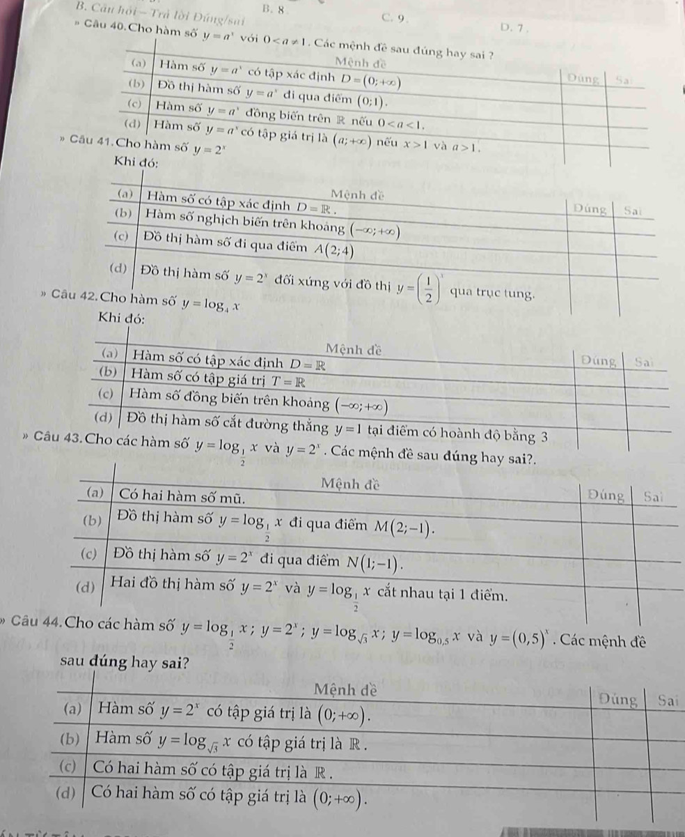 Câu hồi - Trả lời Đúng/sai
B. 8 C. 9 . D. 7 .
# Câu 40. Cho hàm số y=a^x với 
#

y=log _ 1/2 x Các mệnh đề sau đúng hay
# C y=log _ 1/2 x;y=2^x;y=log _sqrt(3)x;y=log _0.5x và y=(0,5)^x Các mệnh đề
i