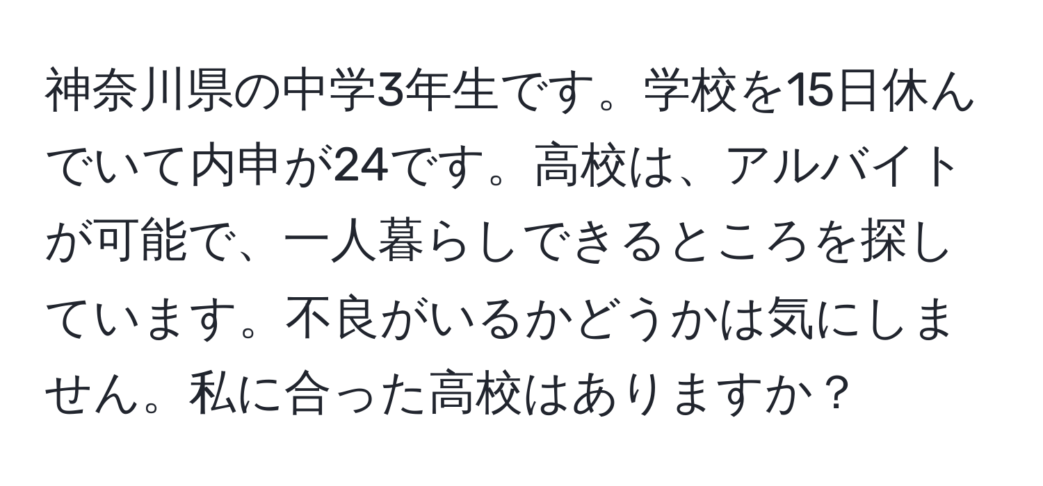 神奈川県の中学3年生です。学校を15日休んでいて内申が24です。高校は、アルバイトが可能で、一人暮らしできるところを探しています。不良がいるかどうかは気にしません。私に合った高校はありますか？