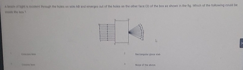 A beam of light is incident through the holes on side AB and emerges out of the holes on the other face CD of the box as shown in the fig. Which of the following could be
iside the box ?
Cçare lons 0 Rectanguler glass slab
3 Genses lans 4 Noge of the above