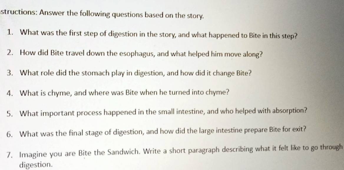 structions: Answer the following questions based on the story. 
1. What was the first step of digestion in the story, and what happened to Bite in this step? 
2. How did Bite travel down the esophagus, and what helped him move along? 
3. What role did the stomach play in digestion, and how did it change Bite? 
4. What is chyme, and where was Bite when he turned into chyme? 
5. What important process happened in the small intestine, and who helped with absorption? 
6. What was the final stage of digestion, and how did the large intestine prepare Bite for exit? 
7. Imagine you are Bite the Sandwich. Write a short paragraph describing what it felt like to go through 
digestion.