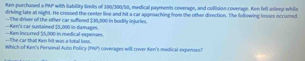 Ken purchased a PAP with liability limits of 100/300/50, medical payments coverage, and collision coverage. Ken fell asleep while 
driving late at night. He crossed the center line and hit a car approaching from the other direction. The following losses occurred. 
—The driver of the other car suffered $30,000 in bodily injuries. 
—Ken's car sustained $5,000 in damages. 
—Ken incurred $5,000 in medical expenses. 
—The car that Ken hit was a total loss. 
Which of Ken's Personal Auto Policy (PAP) coverages will cover Ken's medical expenses?