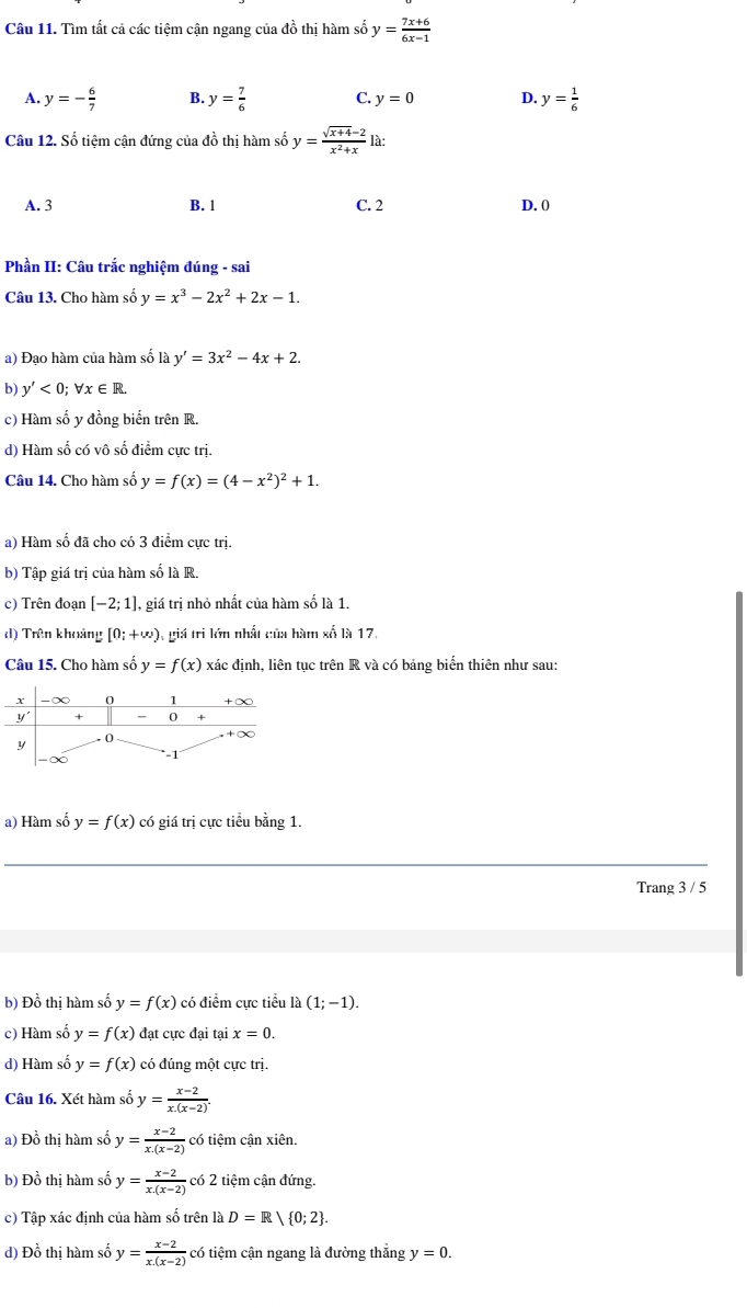 Tìm tất cả các tiệm cận ngang của đồ thị hàm số y= (7x+6)/6x-1 
A. y=- 6/7  B. y= 7/6  C. y=0 D. y= 1/6 
Câu 12. Số tiệm cận đứng của đồ thị hàm số y= (sqrt(x+4)-2)/x^2+x  là:
A. 3 B. 1 C. 2 D. 0
Phần II: Câu trắc nghiệm đúng - sai
Câu 13. Cho hàm số y=x^3-2x^2+2x-1.
a) Đạo hàm của hàm số là y'=3x^2-4x+2.
b y'<0;forall x∈ R.
c) Hàm số y đồng biến trên R.
d) Hàm số có vô số điểm cực trị.
Câu 14. Cho hàm số y=f(x)=(4-x^2)^2+1.
a) Hàm số đã cho có 3 điểm cực trị.
b) Tập giá trị của hàm số là R.
c) Trên đoạn [-2;1] , giá trị nhỏ nhất của hàm số là 1.
d) Trên khoảng [0;+w) 1, giá tri lớn nhất của hàm xố là 17.
Câu 15. Cho hàm số y=f(x) xác định, liên tục trên R và có bảng biển thiên như sau:
a) Hàm số y=f(x) có giá trị cực tiểu bằng 1.
_
Trang 3 / 5
b) Đồ thị hàm số y=f(x) có điểm cực tiểu la(1;-1).
c) Hàm số y=f(x) đạt cực đại tại x=0.
d) Hàm số y=f(x) có đúng một cực trị.
Câu 16. Xét hàm số y= (x-2)/x.(x-2) .
a) Đồ thị hàm số y= (x-2)/x.(x-2)  có tiệm cận xiên.
b) Đồ thị hàm số y= (x-2)/x.(x-2)  có 2 tiệm cận đứng.
c) Tập xác định của hàm số trên là D=R/ 0;2 .
d) Đồ thị hàm số y= (x-2)/x.(x-2)  có tiệm cận ngang là đường thắng y=0.