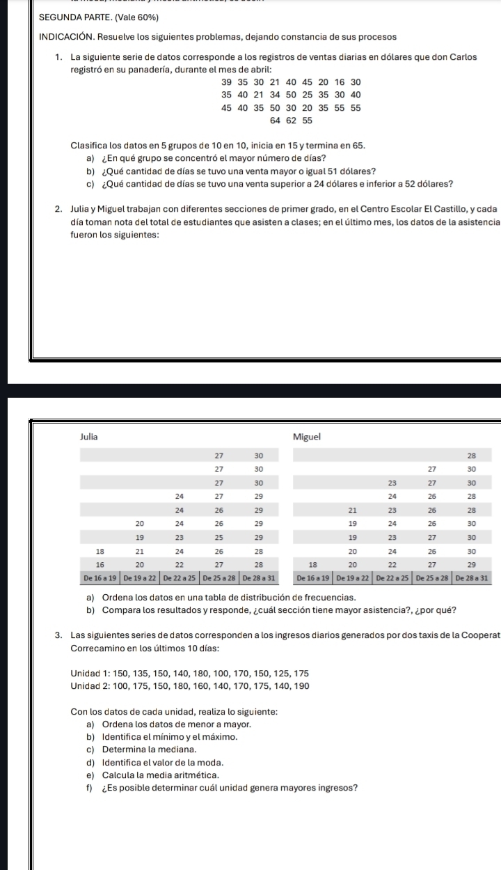 SEGUNDA PARTE. (Vale 60%)
INDICACIÓN. Resuelve los siguientes problemas, dejando constancia de sus procesos
1. La siguiente serie de datos corresponde a los registros de ventas diarias en dólares que don Carlos
registró en su panadería, durante el mes de abril:
39 35 30 21 40 45 20 16 30
35 40 21 34 50 25 35 30 40
45 40 35 50 30 20 35 55 55
64 62 55
Clasifica los datos en 5 grupos de 10 en 10, inicia en 15 y termina en 65.
a) ¿En qué grupo se concentró el mayor número de días?
b) ¿Qué cantidad de días se tuvo una venta mayor o igual 51 dólares?
c) ¿Qué cantidad de días se tuvo una venta superior a 24 dólares e inferior a 52 dólares?
2. Julia y Miguel trabajan con diferentes secciones de primer grado, en el Centro Escolar El Castillo, y cada
día toman nota del total de estudiantes que asisten a clases; en el último mes, los datos de la asistencia
fueron los siguientes:
Julia Miguel
a) Ordena los datos en una tabla de distribución de frecuencias.
b) Compara los resultados y responde, ¿cuál sección tiene mayor asistencia?, ¿por qué?
3. Las siguientes series de datos corresponden a los ingresos diarios generados por dos taxis de la Cooperat
Correcamino en los últimos 10 días:
Unidad 1: 150, 135, 150, 140, 180, 100, 170, 150, 125, 175
Unidad 2: 100, 175, 150, 180, 160, 140, 170, 175, 140, 190
Con los datos de cada unidad, realiza lo siguiente:
a) Ordena los datos de menor a mayor.
b) Identifica el mínimo y el máximo.
c) Determina la mediana.
d) Identifica el valor de la moda.
e) Calcula la media aritmética.
f) £Es posible determinar cuál unidad genera mayores ingresos?