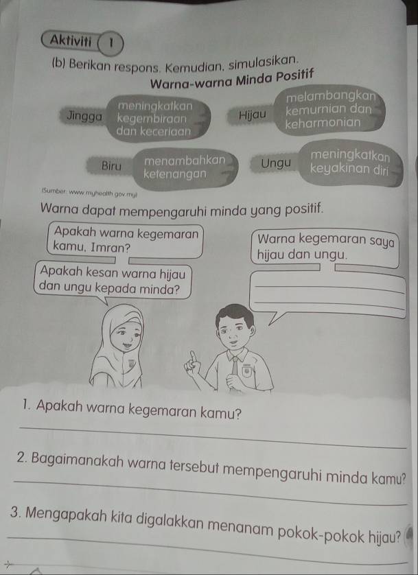 Aktiviti 1 
(b) Berikan respons. Kemudian, simulasikan. 
Warna-warna Minda Positif 
meningkatkan melambangkan 
kemurnian dan 
Jingga kegembiraan Hijau keharmonian 
dan keceriaan 
meningkatkan 
menambahkan Ungu keyakinan diri 
Biru ketenangan 
(Sumber: www myhealth gov my) 
Warna dapat mempengaruhi minda yang positif. 
Apakah warna kegemaran Warna kegemaran saya 
kamu, Imran? 
hijau dan ungu. 
Apakah kesan warna hijau 
dan ungu kepada minda?_ 
_ 
_ 
1. Apakah warna kegemaran kamu? 
_ 
2. Bagaimanakah warna tersebut mempengaruhi minda kamu? 
_ 
3. Mengapakah kita digalakkan menanam pokok-pokok hijau?