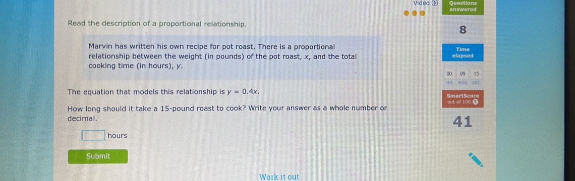 Video Questions 
answered 
Read the description of a proportional relationship. 
8 
Marvin has written his own recipe for pot roast. There is a proportional Time 
relationship between the weight (in pounds) of the pot roast, x, and the total elapsed 
cooking time (in hours), y. 
00 09 15 
HR 
The equation that models this relationship is y=0.4x. SmartScore MIN SEC 
out of 100 7 
How long should it take a 15-pound roast to cook? Write your answer as a whole number or 
decimal. 
41
□ hours
Submit 
Work it out