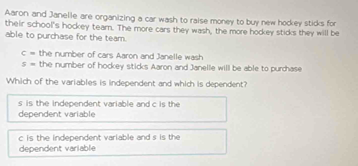 Aaron and Janelle are organizing a car wash to raise money to buy new hockey sticks for
their school's hockey team. The more cars they wash, the more hockey sticks they will be
able to purchase for the team.
c= the number of cars Aaron and Janelle wash
S= the number of hockey sticks Aaron and Janelle will be able to purchase
Which of the variables is independent and which is dependent?
s is the independent variable and c is the
dependent variable
c is the independent variable and s is the
dependent variable