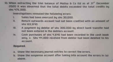 When extracting the trial balance of Mulisa & Co ltd as at 31^(st) December 
2020 it was observed that the total debits exceeded the total credits by 
shs 476,000. 
Investigations revealed the following errors: 
1. Sales had been overcast by shs 30,000. 
II. Return outwards account had not been credited with an amount of
shs 122,640. 
III. A payment by debtor of shs 300,000 by direct bank transfer had 
not been entered in the debtors account. 
lv. Cash purchases of shs 4,640 had been recorded in the cash book 
only. v. Shs 44,000 received from debtor had been debited to his 
account. 
Required. 
a. Show the necessary journal entries to correct the errors 
b. Show the suspense account after taking into account the errors in (a) 
above.