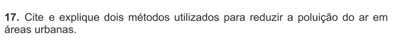 Cite e explique dois métodos utilizados para reduzir a poluição do ar em 
áreas urbanas.