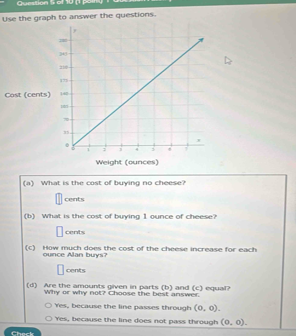 Use the graph to answer the questions.
Cost (cents)
Weight (ounces)
(a) What is the cost of buying no cheese?
cents
(b) What is the cost of buying 1 ounce of cheese?
1 cents
(c) How much does the cost of the cheese increase for each
ounce Alan buys?
cents
(d) Are the amounts given in parts (b) and (c) equal?
Why or why not? Choose the best answer.
Yes, because the line passes through (0,0).
Yes, because the line does not pass through (0,0). 
Check