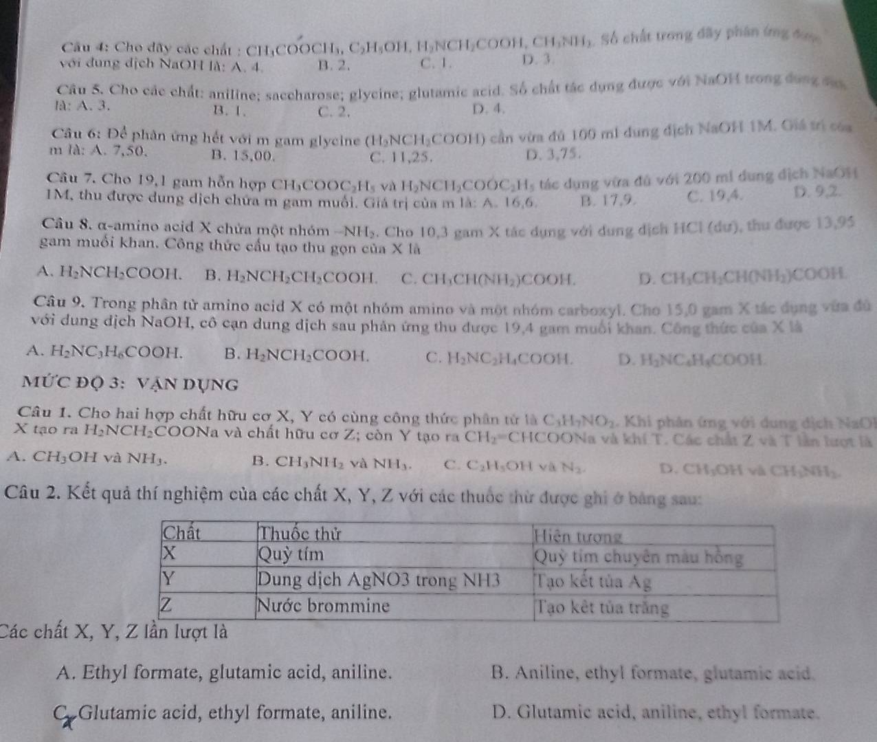 Cho đây các chất : ( CH_3COOCH_3,C_2H_5OH,H_2NCH_2COOH,CH_3NH_2 Số chất trong đãy phân ứng đơợ
với đung địch NaOH là: A. 4. B. 2. C. 1. D. 3.
Câu 5. Cho các chất: aniline; saccharose; glycine; glutamic acid. Số chất tác dụng được với NaOH trong đụng đ
I: A. 3. B. 1. C. 2. D. 4.
Câu 6: Để phân ứng hết với m gam glycine (H_2NCH_3COOH) cần vừa đú 100 mi dung dịch NaOH 1M. Giá trị của
m là: A. 7,50. B. 15,00. C. 11,25. D. 3,75.
Câu 7. Cho 19,1 gam hỗn hợp CH_3COOC_2H_5 và H_2NCH_2COOC_2H_5 tác dụng vữa đú với 200 mi dung địch NaOH
1M, thu được dung dịch chứa m gam muối. Giá trị của m là: A. 16,6 B. 17,9. C. 19,4. D. 9,2.
Cầâu 8. α-amino acid X chứa một nhóm -NH_2. Cho 10,3 gam X tác dụng với dung dịch HCl (dư), thu được 13,95
gam muối khan. Công thức cấu tạo thu gọn của X x a
A. H_2NCH_2 COOH. B. H_2NCH_2CH_2COOH. C. CH_3CH(NH_2)COOH. D. CH_3CH_2CH(NH_2)COOH.
Câu 9. Trong phân tử amino acid X có một nhóm amino và một nhóm carboxyl. Cho 15,0 gam X tác dụng vừa đù
với dung dịch NaOH, cô cạn dung dịch sau phản ứng thu được 19,4 gam muối khan. Công thức của X là
A. H_2NC_3H_6COOH. B. H_2NCH_2COOH. C. H_2NC_2H_4COOH. D. H_2NC_4H_8COOH.
MỨC ĐQ 3: VậN I OUNG
Câu 1. Cho hai hợp chất hữu cơ X, Y có cùng công thức phân tử là C_3H_7NO_2. Khi phân ứng với dung dịch NaOl
X tạo ra H_2NCH_2 CO 9ONa và chất hữu cơ Z; còn Y tạo ra CH_2=CHCOO DNa và khí 1 Các chất Z và T lần lượt là
A. CH_3 OH và NH_3. B. CH_3NH_2 yà NH_3. C. C_2H_5OH V N_2 D. CH_3OHva CH_1NH_2.
Câu 2. Kết quả thí nghiệm của các chất X, Y, Z với các thuốc thừ được ghi ở bảng sau:
Các chất X, ợt là
A. Ethyl formate, glutamic acid, aniline. B. Aniline, ethyl formate, glutamic acid.
C Glutamic acid, ethyl formate, aniline. D. Glutamic acid, aniline, ethyl formate.