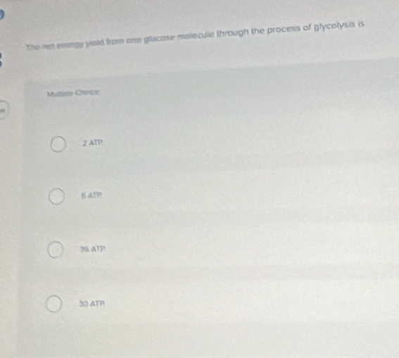 The not energy yeld from one glucase molecule through the process of glycolysis is
Musate Chnicc
2 Am
6 ATP
35 ATP
30 ATP