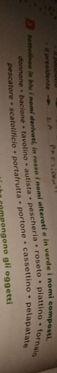 il presidente 
Sottolinea in blu i nomi derivati, in rosso i nomi alterati e in verde i nomi composti. 
donnone + bacione - tavolino - autista - pescheria - roseto - piattino + fornaio 
pescatore + scatolificio + portafrutta - portone + cassettino = pelapatate 
compongono gli oggetti