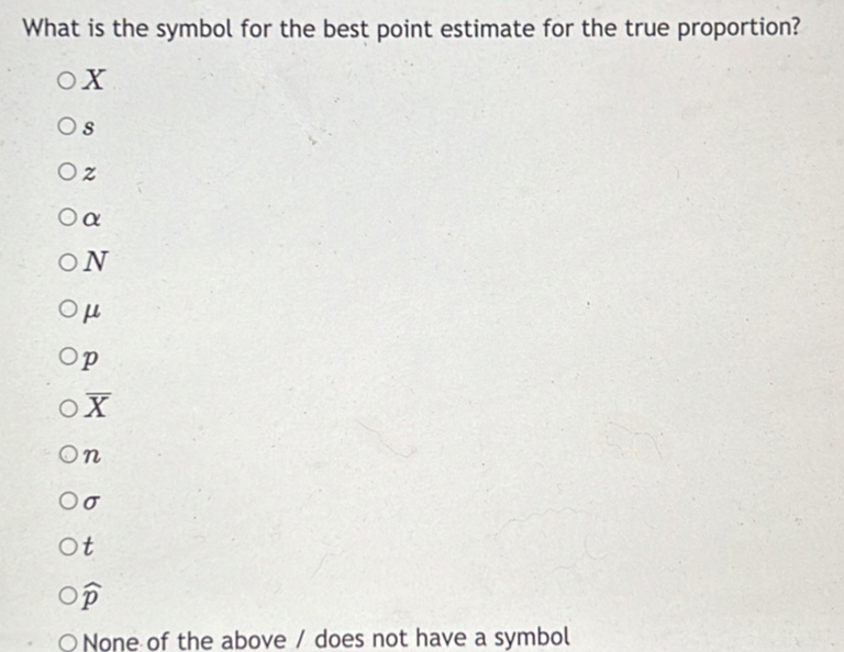 What is the symbol for the best point estimate for the true proportion?
X
s
z
α
N
μ
p
overline X
n
σ
t
widehat p
None of the above / does not have a symbol