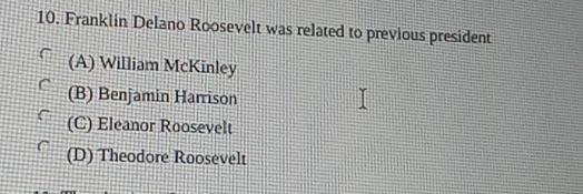 Franklin Delano Roosevelt was related to previous president
(A) William McKinley
(B) Benjamin Harrison
(C) Eleanor Roosevelt
(D) Theodore Roosevelt