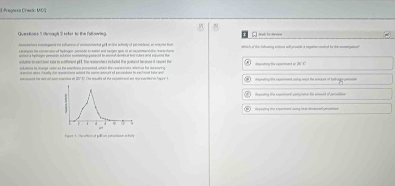 Progress Check: MCO
Questions 1 through 3 refer to the following Mark for Hunnener
Reseechers investigated the influence of enveronmental p on the actirity of persvidase, an envyme that whach of the fullowing actions will provide a negativer contrul for the invnstigation?
cataly ors the conversion of hydrugen perovide to water and cxygen gas, In an experiment the researchers
added a hydrogen pervide solution contairing guaiacol to several identical trst tubes and adjusted the
solution in each leat tule to a different pE. The researotiers included the guatacol because it caused the
sulutions to change cotor as the reactions prossnded, which the researchers relied on for measuring Repeating the expenmant at 25°C
rantion rates. Finally, the researchers added the same amount of peroxidase to each trxt tube and
measured the rase of each reaction at 23°C The results of the experiment are represented in Figure 1 Repeting the experment using teice the amount of hydrogen persisde
.
Repeating the experiment using tece the amount of persertase
Repeating the experiment using heat-denatured pemsidase
.
Figure 1. The eftect of pil1 on perseidase activity