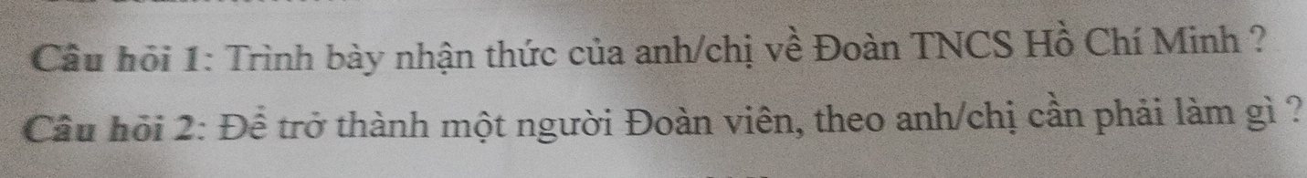 Câu hỏi 1: Trình bày nhận thức của anh/chị về Đoàn TNCS Hồ Chí Minh ? 
Cầâu hỏi 2: Để trở thành một người Đoàn viên, theo anh/chị cần phải làm gì ?