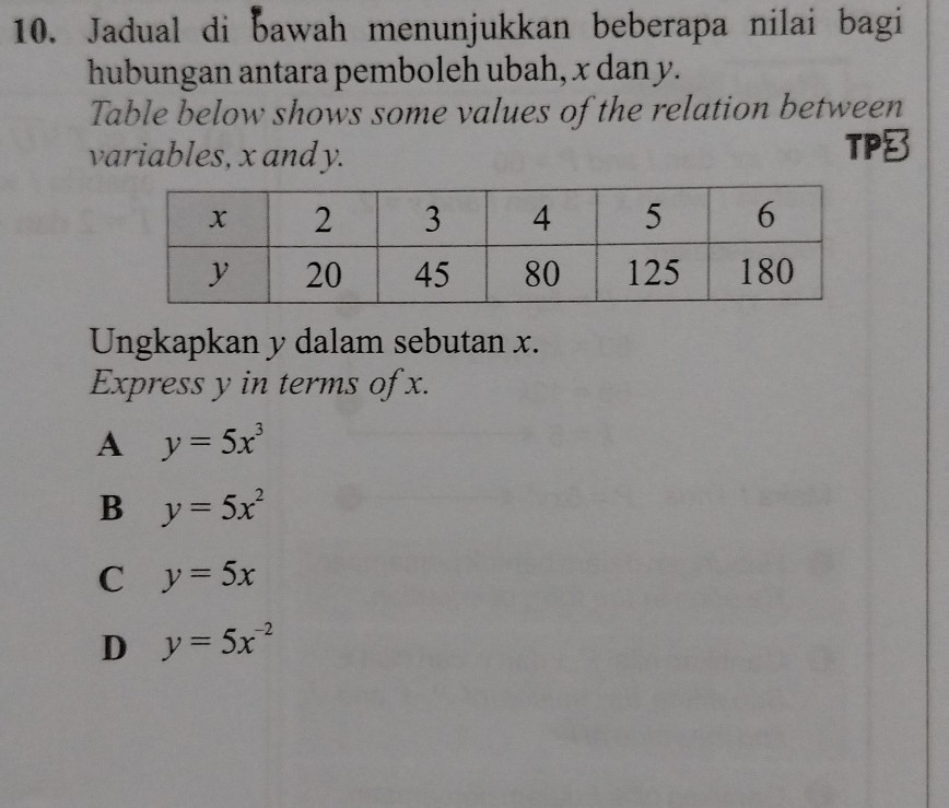 Jadual di bawah menunjukkan beberapa nilai bagi
hubungan antara pemboleh ubah, x dan y.
Table below shows some values of the relation between
variables, x and y. TP8
Ungkapkan y dalam sebutan x.
Express y in terms of x.
A y=5x^3
B y=5x^2
C y=5x
D y=5x^(-2)