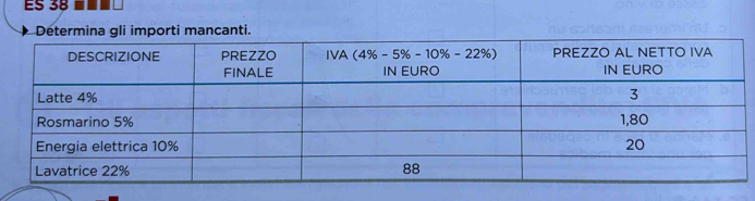 ES 38  
Determina gli importi mancanti.