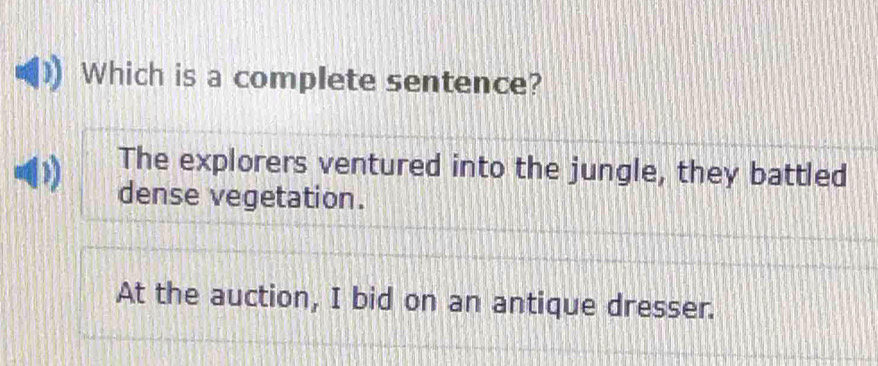 Which is a complete sentence?
The explorers ventured into the jungle, they battled
dense vegetation.
At the auction, I bid on an antique dresser.