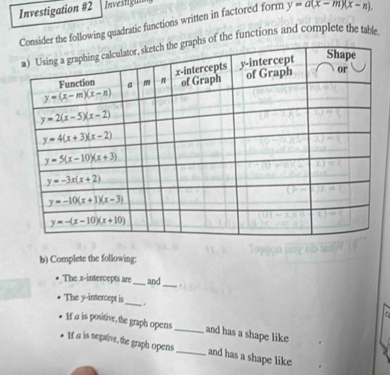 Investigation #2 Investigan
r the following quadratic functions written in factored form y=a(x-m)(x-n).
of the functions and complete the table
b) Complete the following:
The x-intercepts are_ and_ .
The y-intercept is _.
If a is positive, the graph opens_ and has a shape like
If a is negative, the graph opens _and has a shape like