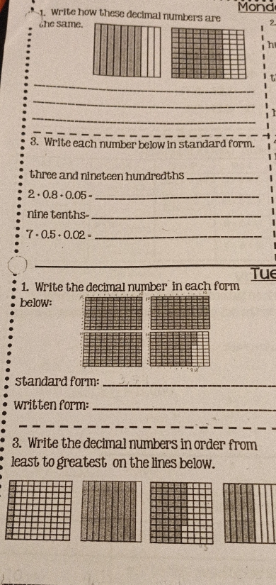 Solved: Mond . Write how these decimal numbers are 2. the same. h _ t ...