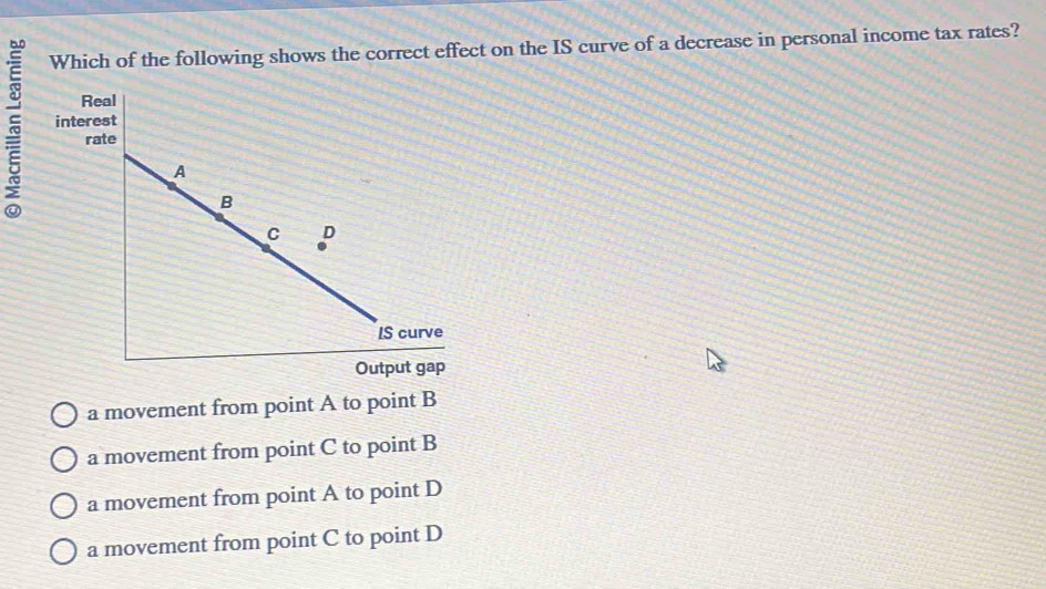 Which of the following shows the correct effect on the IS curve of a decrease in personal income tax rates?
~
a movement from point A to point B
a movement from point C to point B
a movement from point A to point D
a movement from point C to point D