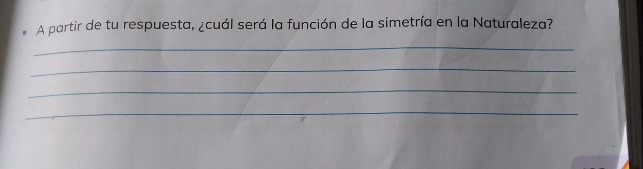 A partir de tu respuesta, ¿cuál será la función de la simetría en la Naturaleza? 
_ 
_ 
_ 
_