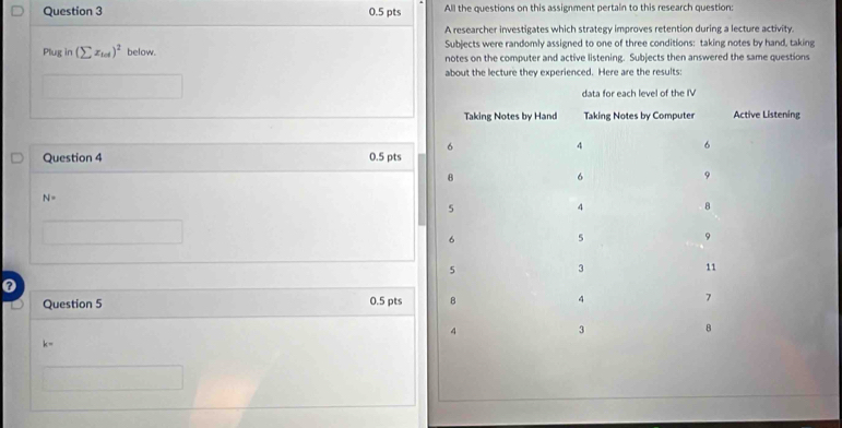 All the questions on this assignment pertain to this research question: 
A researcher investigates which strategy improves retention during a lecture activity 
Plug in (sumlimits x_tod)^2 below. Subjects were randomly assigned to one of three conditions: taking notes by hand, taking 
notes on the computer and active listening. Subjects then answered the same questions 
about the lecture they experienced. Here are the results: 
Question 4 0.5 pts
N=
□ 
0 
Question 5 0.5 pts
k=
x=frac e/e