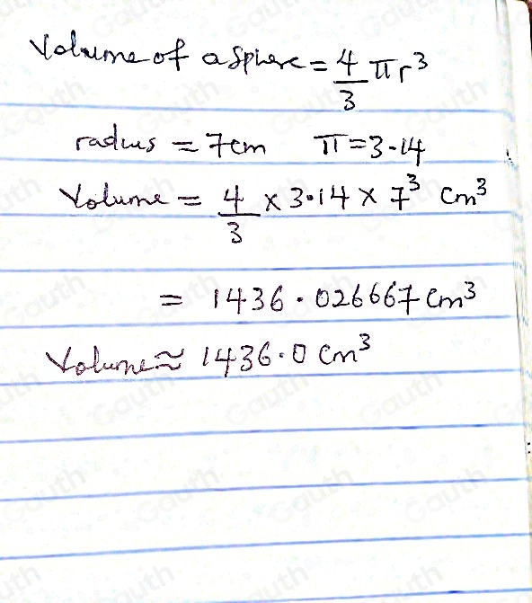 Solved: volume of a sphere = 4/3 π r^3 , where γ is the radius. The ...