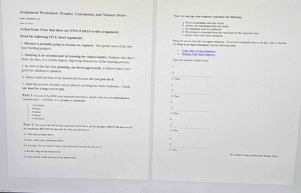 Solved: Assignment Worksheet: Premise, Conclusion, and Natural Order ...