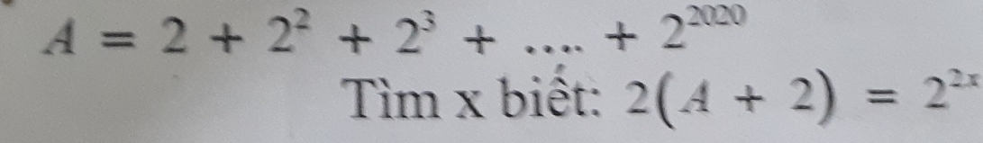 A=2+2^2+2^3+...+2^(2020)
Tìm x biêt: 2(A+2)=2^(2x)