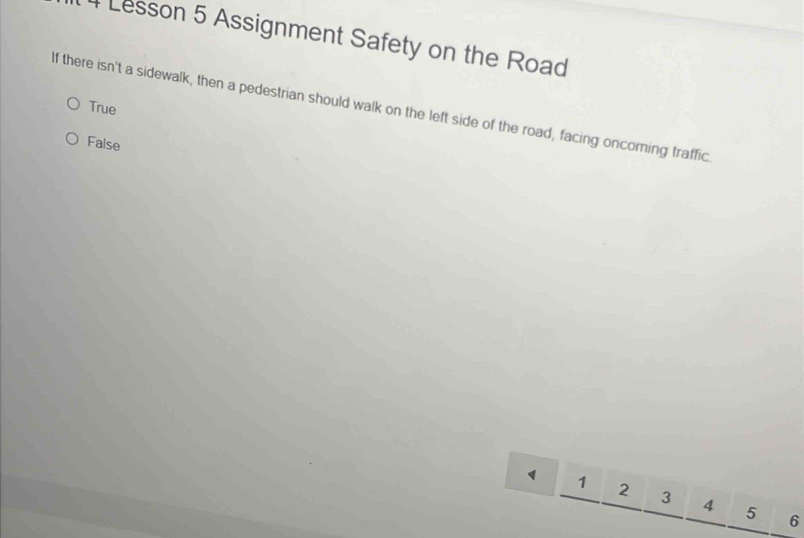 Lesson 5 Assignment Safety on the Road
If there isn't a sidewalk, then a pedestrian should walk on the left side of the road, facing oncoming traffic
True
False
1 1 2 3 4 5
6