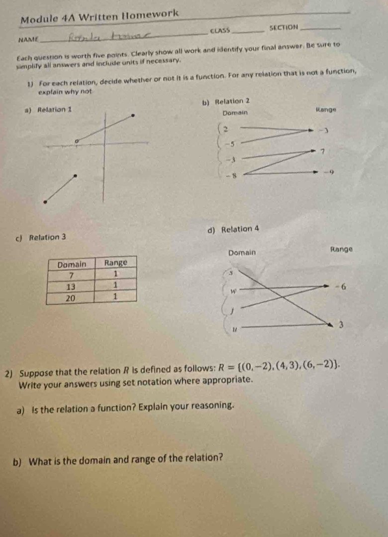 Module 4A Written Homework 
_ 
_ 
CLASS_ SECTION_ 
NAME 
Each question is worth five points. Clearly show all work and identify your final answer. Be sure to 
simplity all answers and include units if necessary. 
1) For each relation, decide whether or not it is a function. For any relation that is not a function, 
explain why not 
a) Relation 1
c) Relation 3 d) Relation 4

2) Suppose that the relation R is defined as follows: R= (0,-2),(4,3),(6,-2). 
Write your answers using set notation where appropriate. 
a) Is the relation a function? Explain your reasoning. 
b) What is the domain and range of the relation?